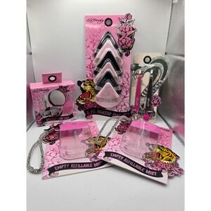 Ed Hardy Beauty Bundle Makeup Puffs Tweezers Contact Case Refillable Mist Pink